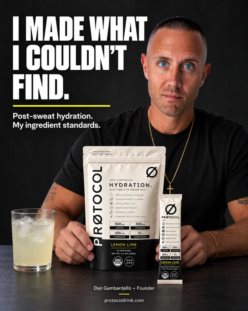 Dan Gambardello holding a bag of PRØTOCOL Hydration Lemon Lime