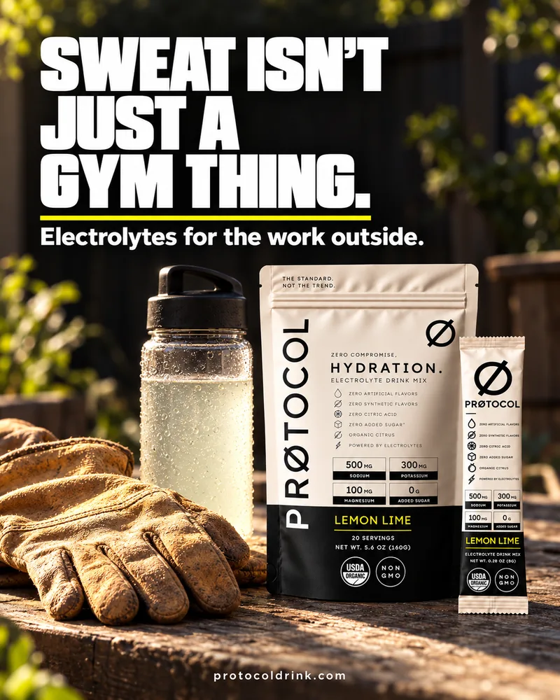PRØTOCOL bag and stick pack outdoors with work gloves and a water bottle